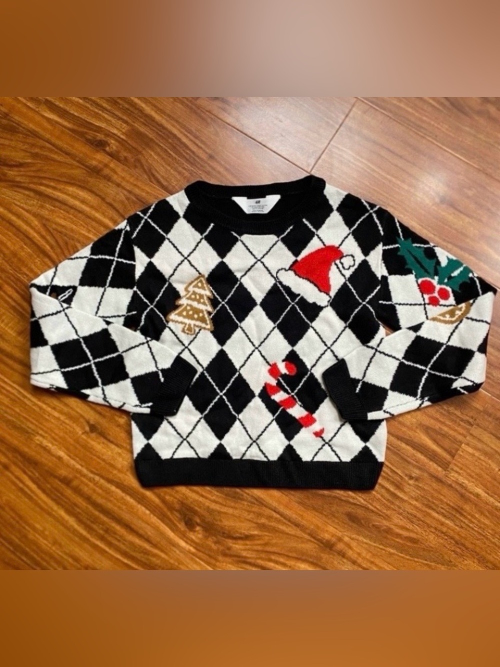 H&M Girls Black White Argyle Holiday Acrylic Sweater Size 8/10 Festive Christmas